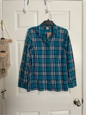 Duluth Trading Co 100% Cotton Women’s XS Classic Teal Plaid Button-Down Shirt